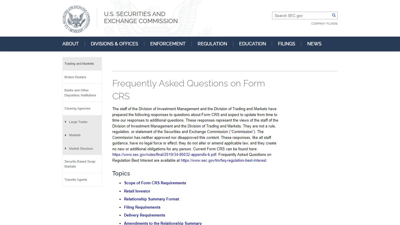 SEC.gov | Frequently Asked Questions on Form CRS